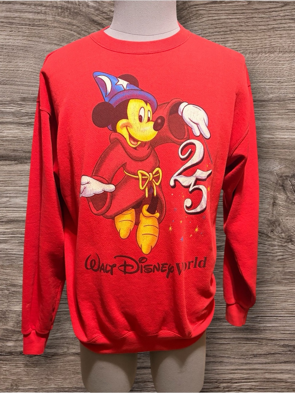 Disney Red Crewneck Sweatshirt with Sorcerer Mickey and '25' Graphic